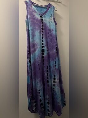 Zilcremo Blue Purple Tie-Dye V-Neck Maxi Dress L